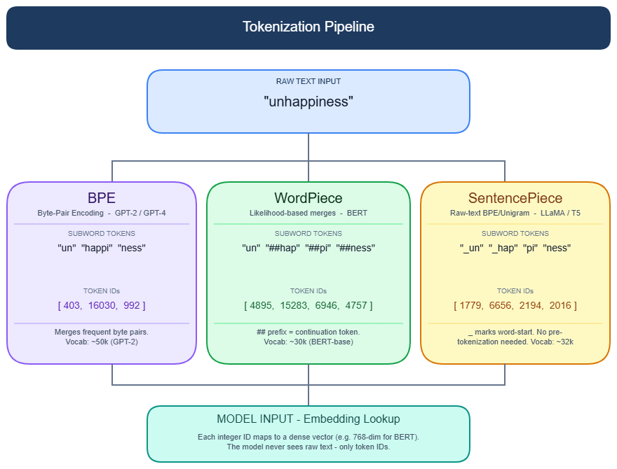 Tokenization pipeline showing BPE, WordPiece, and SentencePiece splits
