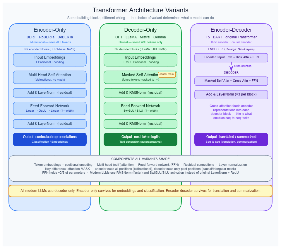 Three transformer architecture variants side by side: encoder-only, decoder-only, and encoder-decoder